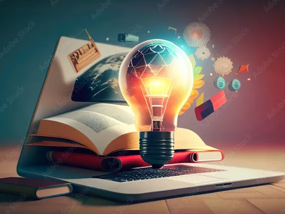 Image of light bulb, laptop and book