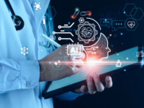 A doctor holding an ipad with AI icon holograms