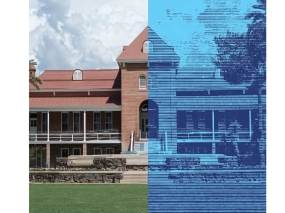 Split image of Old Main at the University of Arizona; the left half shows the building in full color under a blue sky, while the right half displays a digital, blue-toned rendering