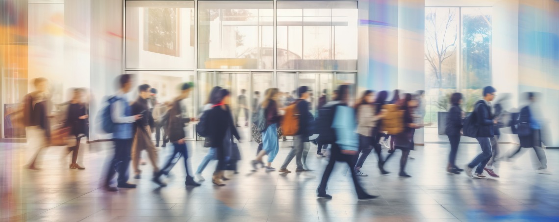 Stock image of students walking in a building, blurred