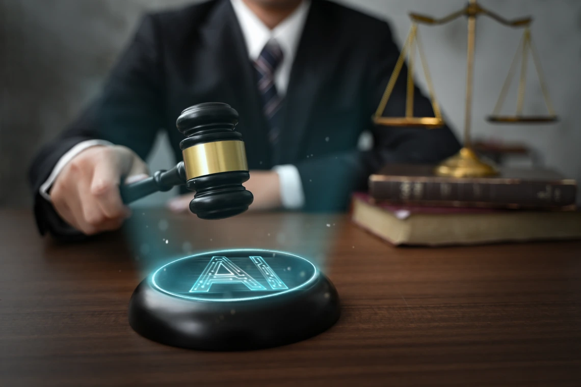 A person about to struck a circular sound block showing an AI symbol with a gavel