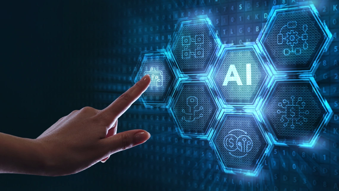 Hand pointing an AI hexagonal sign