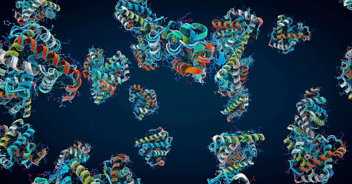 Colorful chain of amino acids or bio molecules called proteins - 3d illustration.
