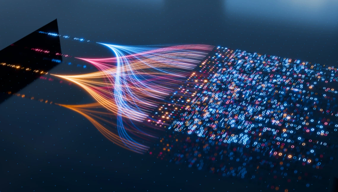 Abstract visualization of artificial intelligence and machine learning processes, featuring colorful data streams and binary code transforming into a digital grid