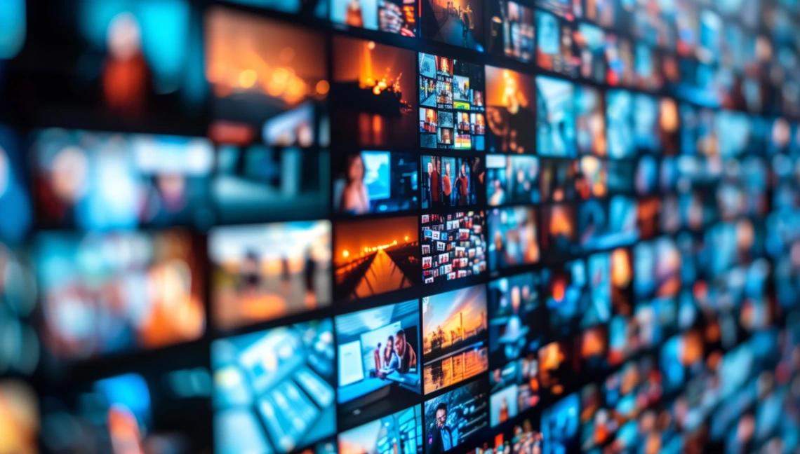 Wall of digital screens displaying a variety of colorful images and videos, representing multimedia data, AI-driven content analysis, and the intersection of artificial intelligence with media and communication technologies.
