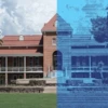 Split image of Old Main at the University of Arizona; the left half shows the building in full color under a blue sky, while the right half displays a digital, blue-toned rendering